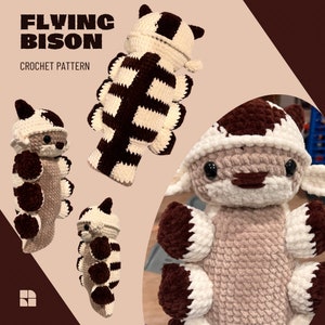 May include: Crochet pattern for a flying bison amigurumi. The pattern includes instructions for making a brown and white striped bison with a white head and brown ears. The pattern also includes instructions for making a brown and white striped bison with a white head and brown ears.