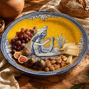 Puede incluir: Una gran fuente de servir redonda de cerámica amarilla con una ilustración azul y blanca de una figura tocando la lira. La fuente contiene uvas rojas, higos cortados, almendras y queso, con el texto The Mediterranean Table.