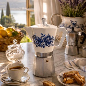 Peut inclure: Une cafetière moka en céramique blanche avec un motif floral bleu sur la partie supérieure, dotée d'un design à facettes, d'un couvercle avec bouton et d'une base métallique. Elle est posée sur une surface en marbre avec une tasse à café.