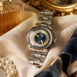 Puede incluir: Un reloj de pulsera Omega Genève Dynamic de tono plateado con caja redonda de acero inoxidable, esfera azul y dorada con ventana de fecha en la posición de las tres y brazalete de eslabones de acero inoxidable a juego con cierre.