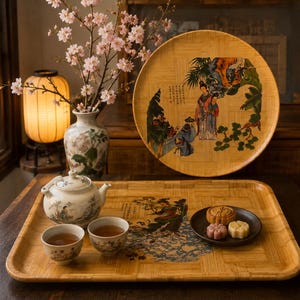 Puede incluir: Una bandeja de servicio rectangular de bambú y una bandeja redonda de bambú, ambas con ilustraciones de figuras tradicionales de Asia Oriental. La bandeja rectangular contiene una tetera de cerámica, dos tazas de té y un plato con tres pasteles.