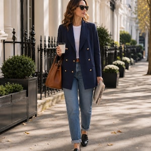 Vintage 80s Navy Blue Blazer | Gold Button Jacket | Classic Power Dressing | Old Money Style | Women's Structured Blazer EU 44