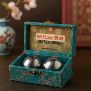 Peut inclure: Une boîte recouverte de tissu bleu sarcelle à motif floral contenant deux sphères métalliques argentées polies. L'intérieur du couvercle présente un texte doré "IRON BALL DIRECTION" et des caractères chinois, avec un fermoir métallique.