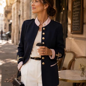 Navy Military Jacket Women -Vintage Gold Button Blazer -French Chic Officer Jacket -Parisian Style Pink Satin -Collar EU 40