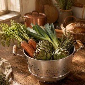 May include: A silver metal colander with two wooden handles filled with fresh produce including orange carrots with green tops, green leeks, three globe artichokes, and a bunch of green herbs, resting on a rustic wooden surface.