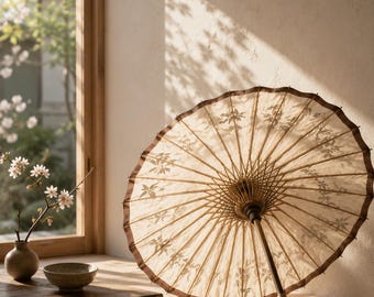 Handmade Japanese Rice Paper Parasol | Vintage Bamboo Asian Umbrella | Hand Painted Decorative Wall Art | Boho Interior Decor | 1980s