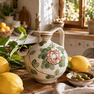 Puede incluir: Una jarra de cerámica redonda con acabado de esmalte craquelado color crema, con un diseño floral pintado a mano que muestra una gran flor de color naranja rosado y hojas verdes. La jarra tiene un asa curva y un cuello estrecho.