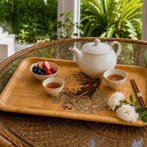 Chinese Bamboo Serving Tray | Vintage Hand Painted Rectangular Tray | 1970s Chinoiserie Decor | Asian Tea Tray | Oriental Wall Decor