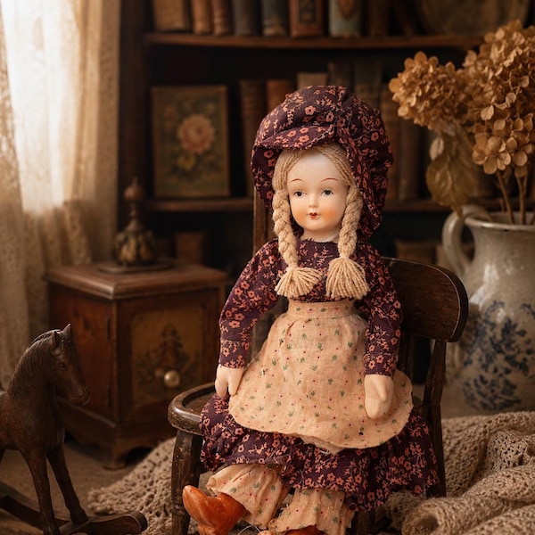 Porcelain & Cloth Doll | Vintage Handmade Decorative Doll | 1970s European Collectible | Cottagecore Decor | Rustic Home Accent