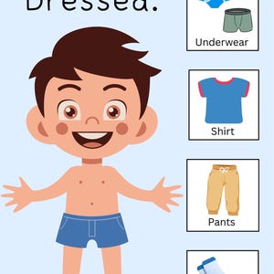 以下が含まれることがあります： 「Let's Get Dressed:」のテキストが入った漫画の子供のイラスト。下着、青いシャツ、ベージュのズボン、靴下の服の例を示しています。子供は青いショートパンツを履いています。