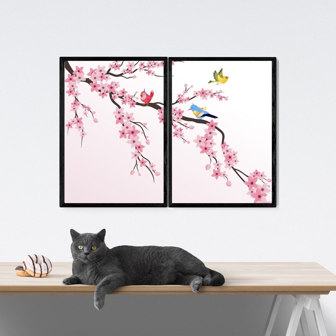 Cherry Blossom Branch Watercolor Wall Art Set of 2, Cherry Blossom