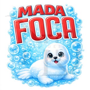 May include: A cartoon illustration featuring a white seal with large, expressive eyes, surrounded by blue bubbles. The text "MADA FOCA" is displayed in bold red letters above the seal, set against a light blue background.