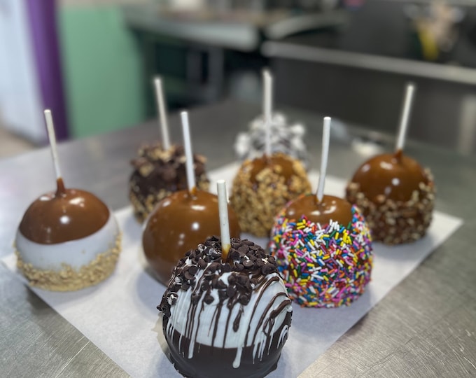 Ready to Ship Set of 3 MINI Red Caramel Apples With Faux Nuts and Your