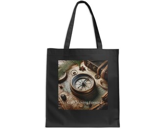 Vintage Compass Design Tote Bag, Keep Moving Forward Inspirational Quote, Travel Themed Shoulder Bag, Unique Explorer Gift