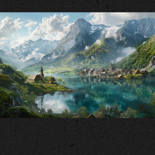 Enchanted Village Landscape Digital Wallpaper, Majestic Mountains Scenery, Serene Nature Backdrop, High-Resolution Desktop Image