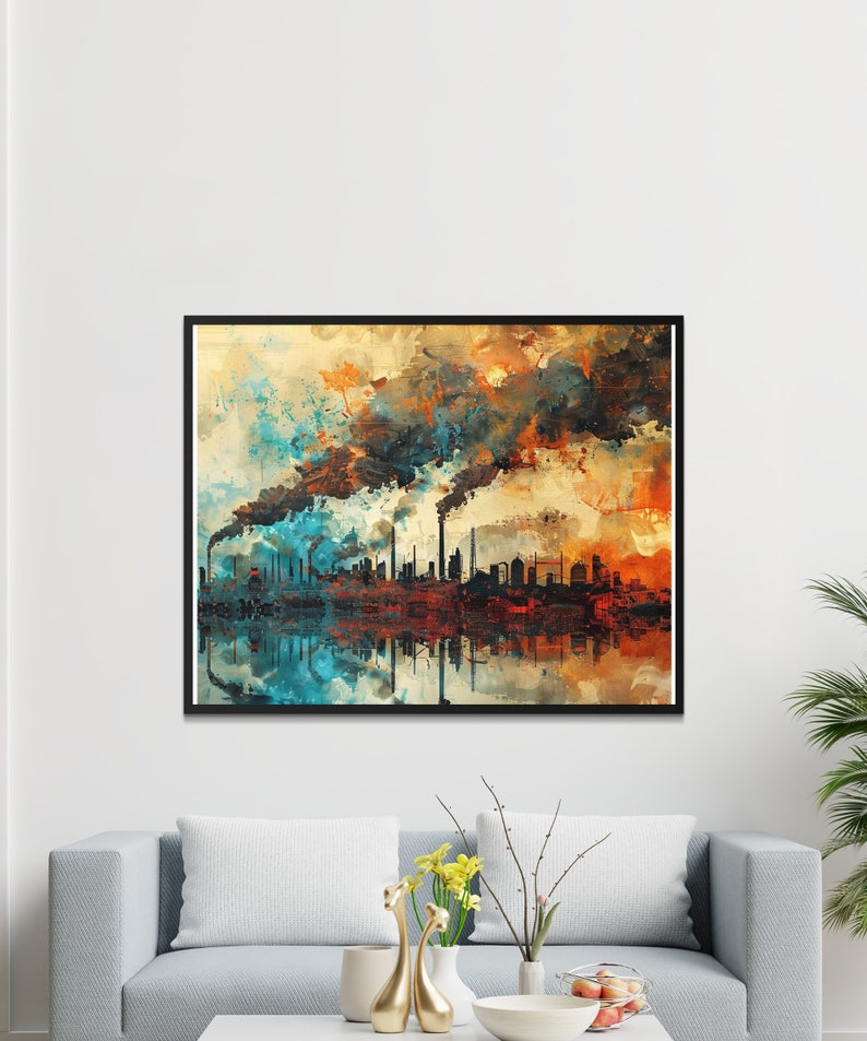 Image showcasing Urban Industrial Skyline Wall Art, Abstract Cityscape Painting, Modern ...