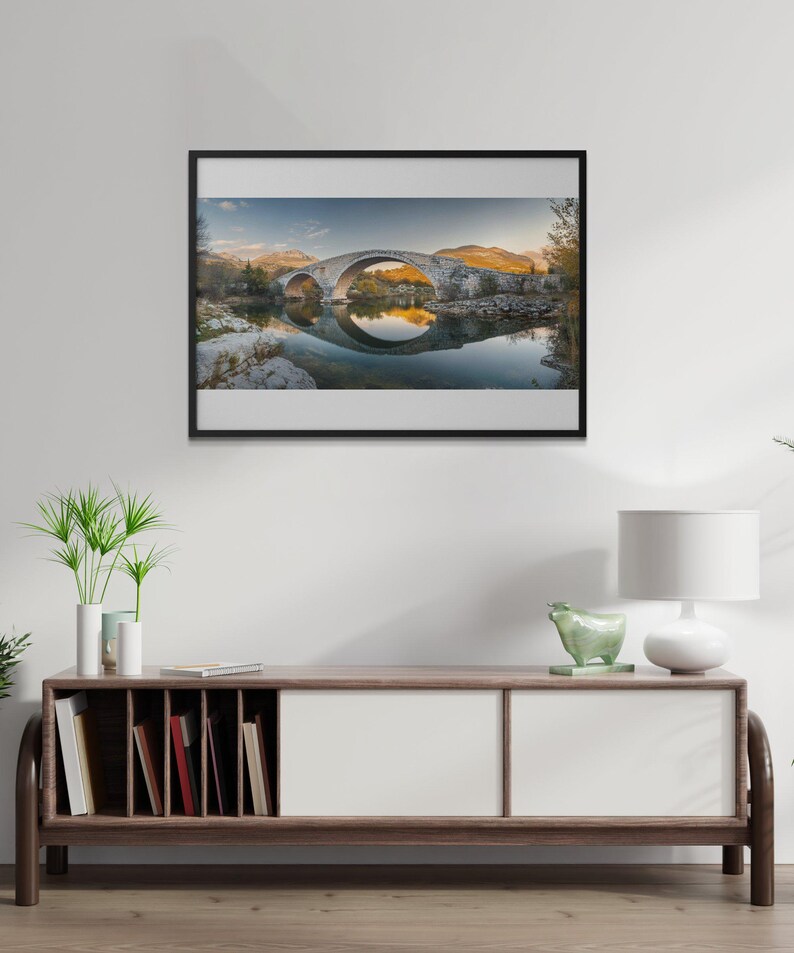 Majestic Bridge Reflected in Calm Water Digital Art Print, Serene