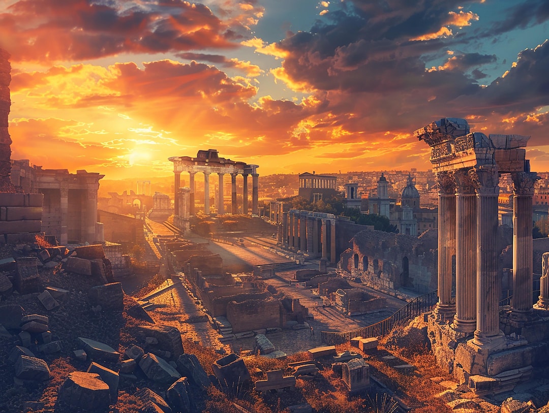 Ancient Roman Ruins at Sunset Digital Art Print, Historical Landscape ...