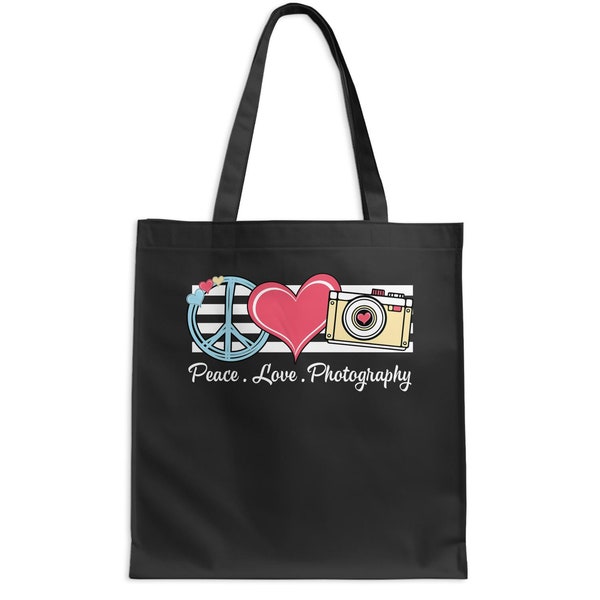 Boho Chic Peace Love Photography Tote Bag, Graphic Camera Heart Design, Stylish Photographer Shoulder Bag