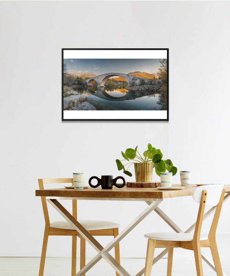 Majestic Bridge Reflected in Calm Water Digital Art Print, Serene