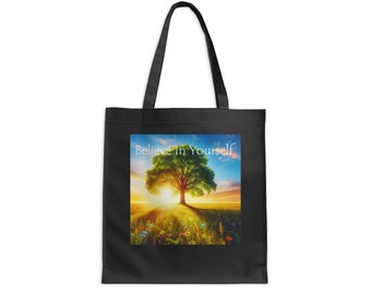 Inspirational Quote Tote Bag, Believe In Yourself Tree Design, Colorful Sunrise Scenic Shopping Bag, Eco-Friendly Reusable Bag