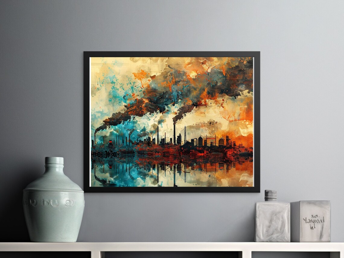 View of Urban Industrial Skyline Wall Art, Abstract Cityscape Painting, Modern ...
