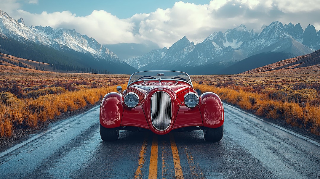 Vintage Red Car Classic Road Mountain View Digital Art Print, Scenic ...