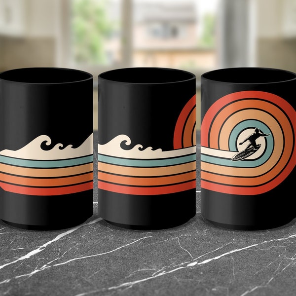 Vintage Surfing Wave Retro Sunset Coffee Mug, Unique Surfer Beach Themed Drinkware