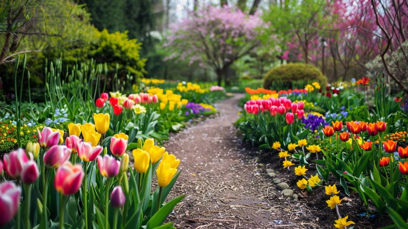 Spring Garden Path Digital Wallpaper Vibrant Tulips and Daffodils
