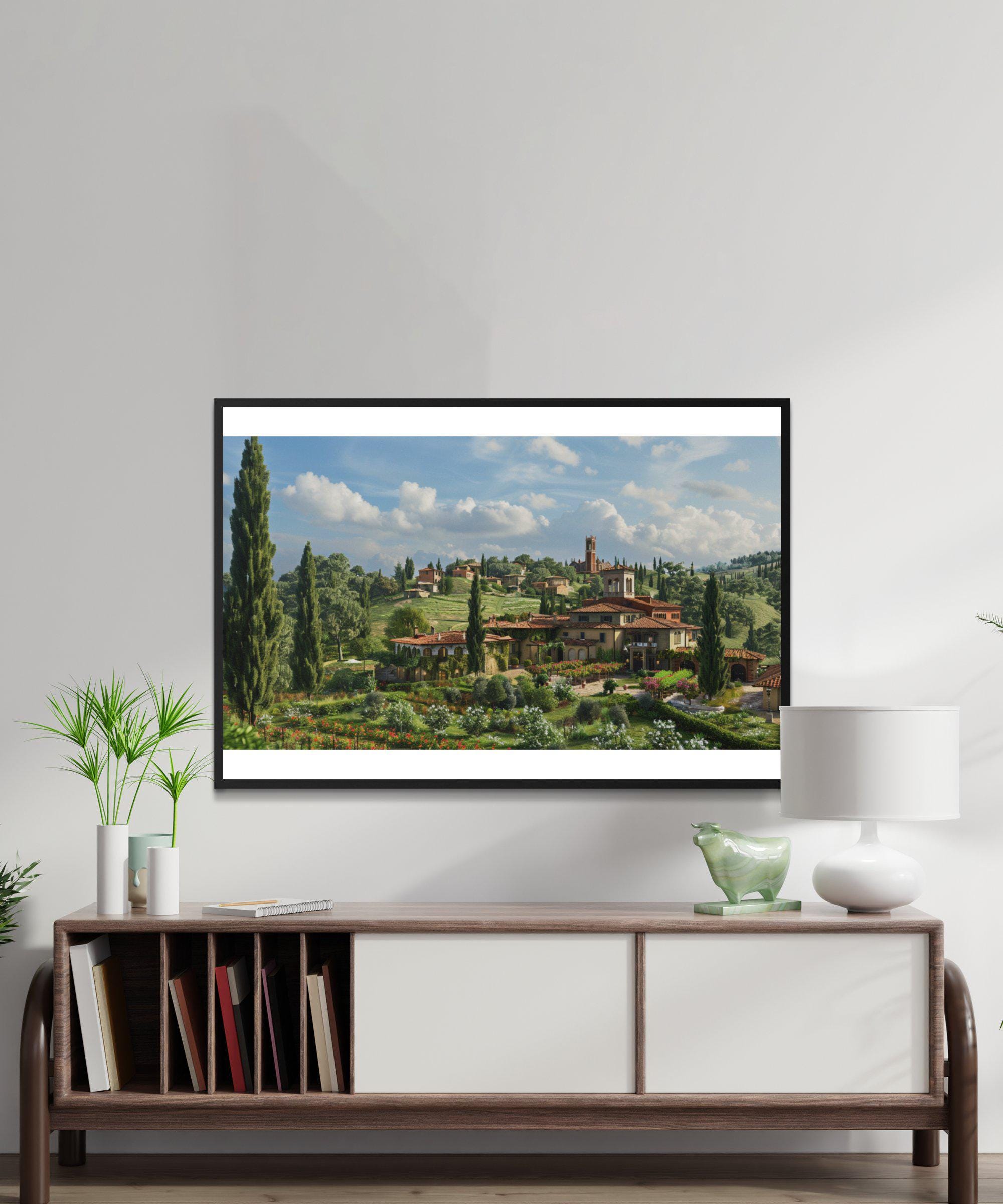 Italian Countryside Digital Wallpaper, Tuscany Landscape With Flowers ...