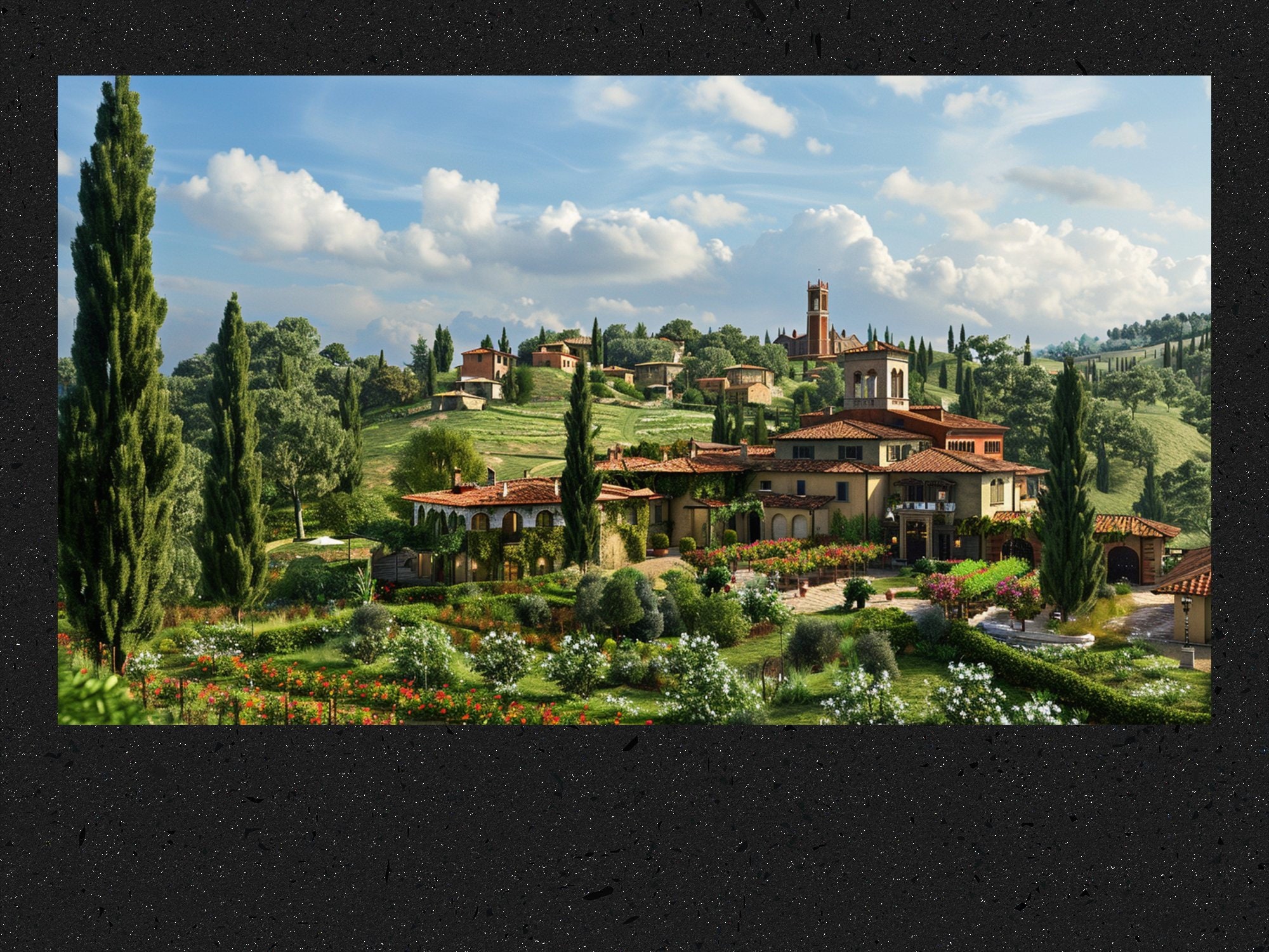 Italian Countryside Digital Wallpaper, Tuscany Landscape With Flowers ...