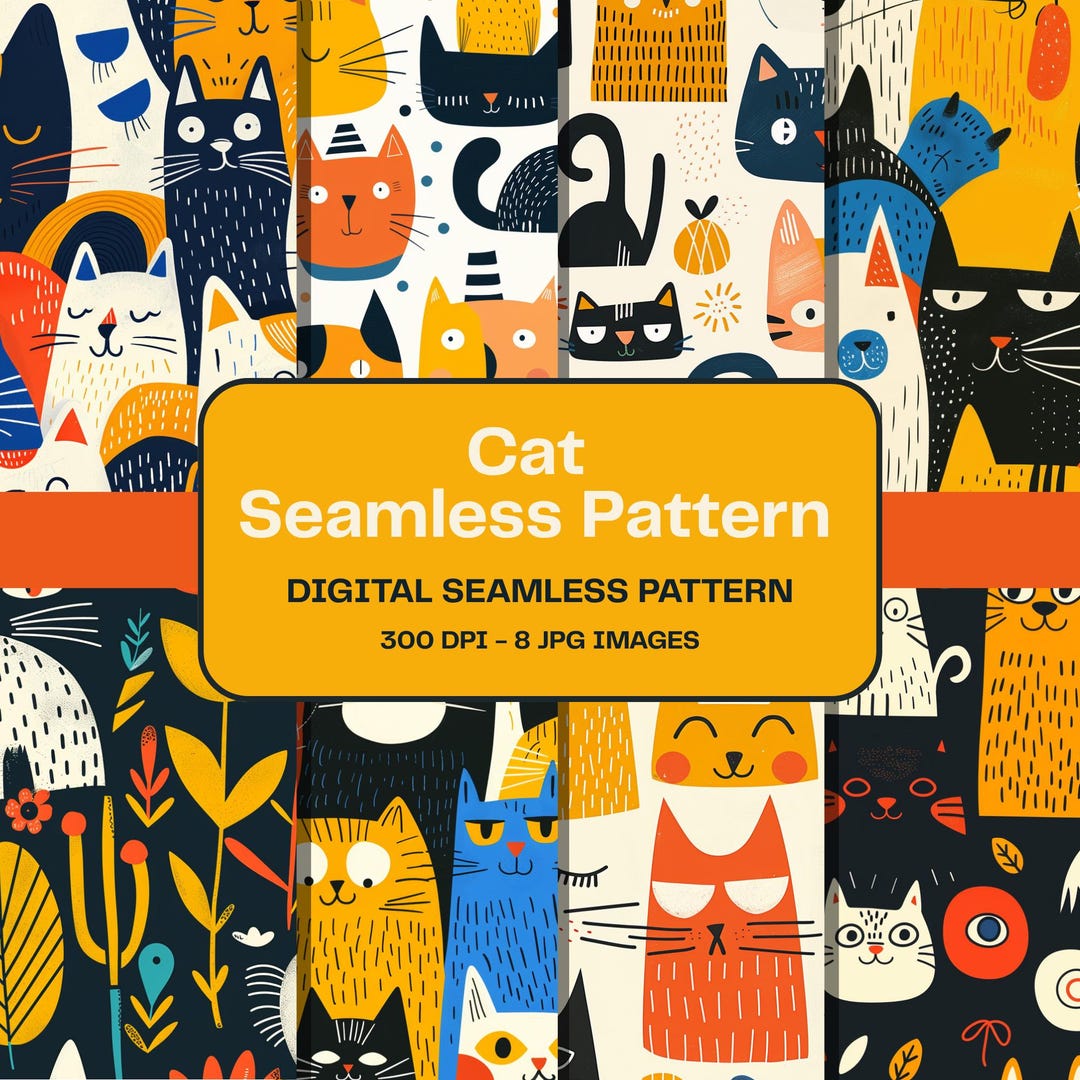Cute Cartoon Cat Seamless Pattern | Kawaii Kitty Digital Paper (instant ...