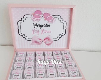 Personalisierte Schokobox, Schokoladen Box Mädchen Geburt, Baby Girl, Krankenhaus Geschenk, Mevlid Hediyesi, Geburt Geschenk, Dogum Hediyesi