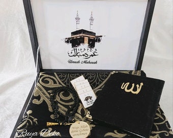 Personalisierte Geschenkbox mit Gebetsteppich Seccade, Yasin Buch, Tesbih mit Dua, Schokolade, Umrah Geschenk, Gebetskette, Eid Geschenk