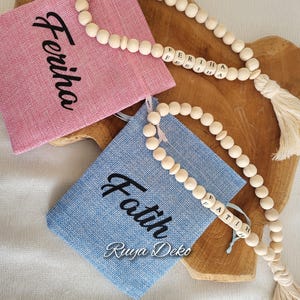 Rosario in legno personalizzato per bambini, Tasbih con nome, borsa di juta con nome, regalo Ramadan, regalo Eid, Harçlık Kesesi