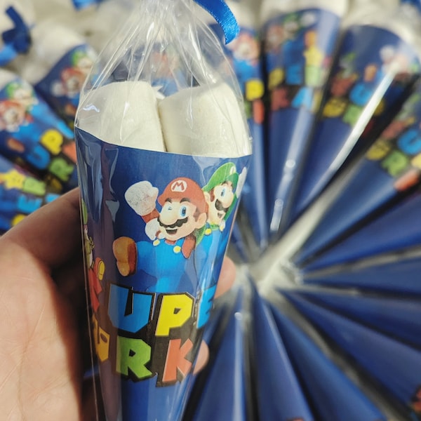 Super Mario Kinder Geburtstag Motto Party Mitgebsel mit Namen, Süßigkeiten Tüte, Bonbons, Haribo Tüte, Zapfen