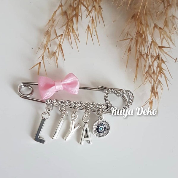 Baby Girl Gift Lapel Pin in Silver Personalized Brooch, Pin Gift for Birth, Birthday, Stroller Maxi Cosi Nazar Eye Charms