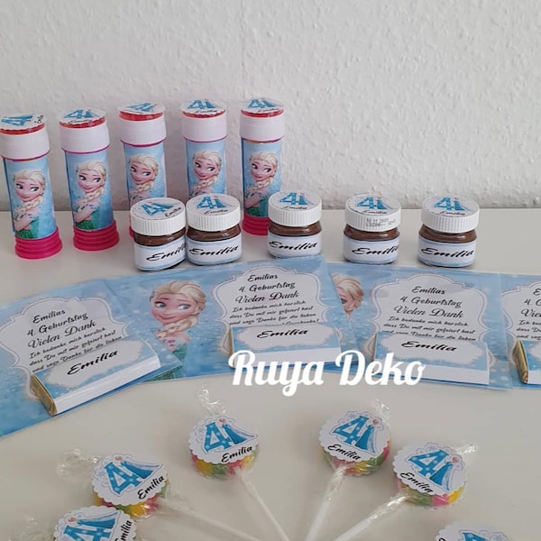 Personalisierte Mitgebsel Kindergeburtstag Mottoparty, Nutella , Seifenblasen, Lollies, Motto Party Frozen Eiskönigin Anna und Elsa