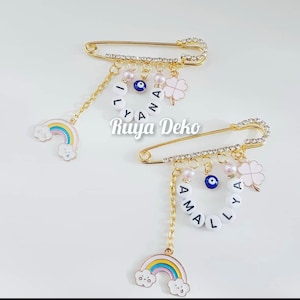 Bebé niña regalo solapa pin personalizado, broche, pin regalo para nacimiento, cumpleaños, cochecito Nazar Eye Rainbow Charms
