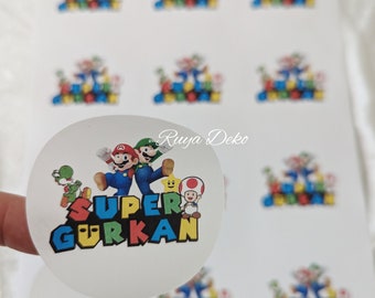 Personalisierte Etiketten Super Mario, DIN A4 Bögen, Sticker 32mm, Runde Aufkleber, Kindergeburtstag Feier, Mottoparty, Matte Oberfläche