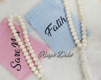 Personalized wooden prayer beads for children, tasbih with name engraving, jute bag with name, Ramadan gift, Eid gift, Harçlık Kesesi