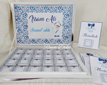 Personalized chocolate box, chocolate box Sünnet, circumcision, Mevlit Sunnet Mevlüt, Sunetija, Bisk, Tuhur, Nazar beads, Sünnet Hediyelik