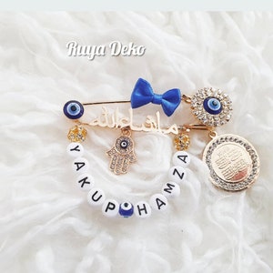 Baby Boy Pin in gold Personalized Brooch Pin Ayatul Kursi Fatima Hand Nazar Eye Islamic Gifts maşallah ما شاء الله