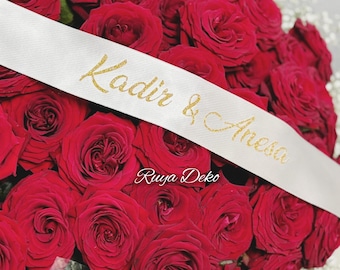 Personalisiertes Satin Band Schleife für  Verlobungsstrauß, Blumenstrauß, Verlobung, Nikah, Hochzeit, Kız Isteme Çiçeği için Isimli Kurdele
