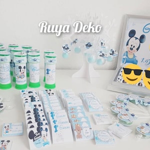 Gepersonaliseerde feestzakjes voor kinderverjaardagsthemafeestjes Mickey Mouse, Nutella, lollies, zeepbellen, koolzuurhoudende snoepjes, chocoladedoos, etiketten,
