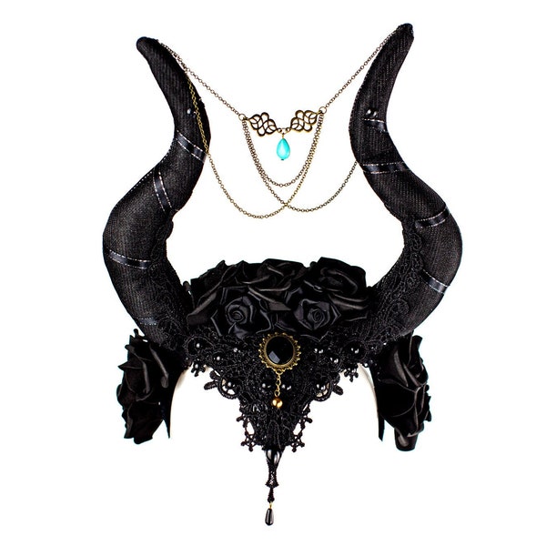 Mistress of Evil Crown - Maleficent Inspired Headpiece with Devil Horns with lace, roses and Gems