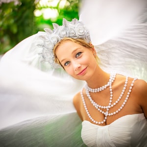 White and Silver Wedding Flower Crown - with Optional Veil