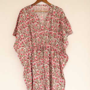 Baumwoll-Kaftan-Kleid – Handblock-bedruckte Loungewear – Boho-Strandüberzug Boho-Baumwollfrauen-Kaftan – langes fließendes Kleid – Resort-Wear