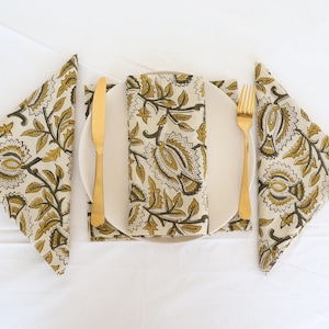 200 Pack  Yellow Green Floral Hand Block Printed Cloth Table Napkins, Home and Kitchen Decor, wedding, Party, Table Cloth Wholesale Napkins
