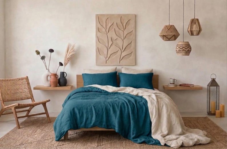 Teal Blue Linen Duvet Cover, Deep Teal Bedding Set, Natural Ivory ...